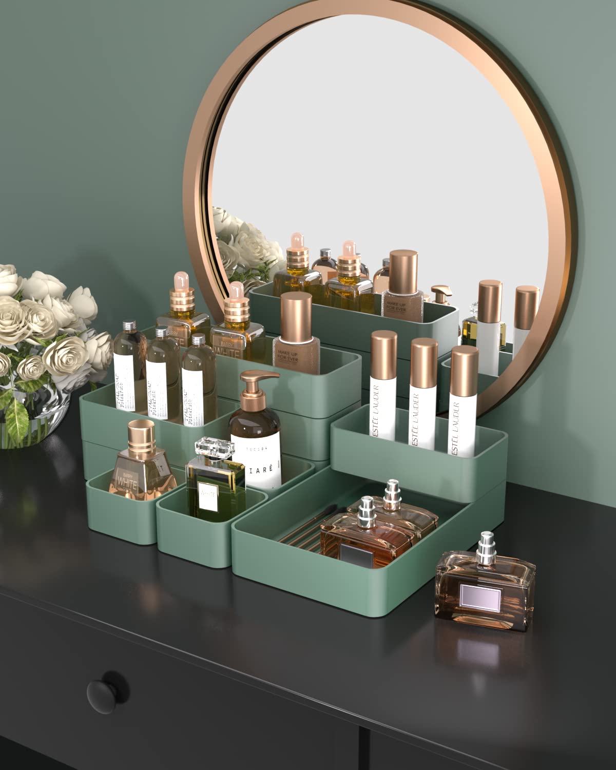 CHANCETSUI 9 Pcs Stackable Drawer Organizer Trays Set, Green, Multifunctional Storage for Vanity, Bathroom, Kitchen, Desk Drawer