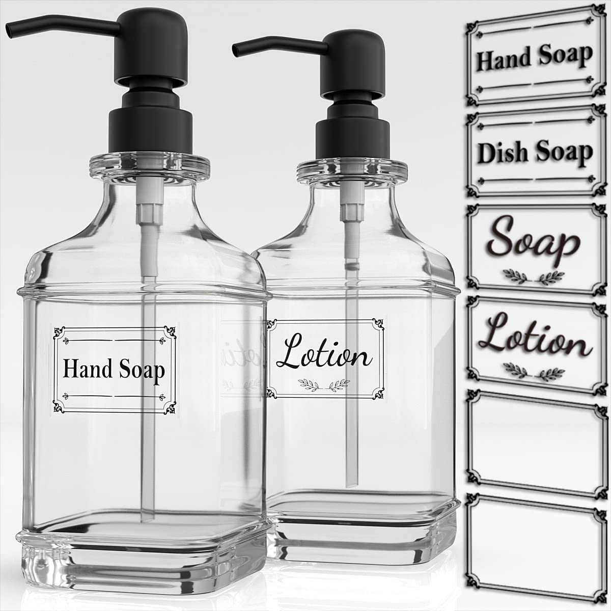 Gladpure 2 Pack Soap Dispenser, 18 Oz Antique Design Thick Glass Hand Dispensers; With 304 Rust Proof Stainless Steel Pump, 6Pcs