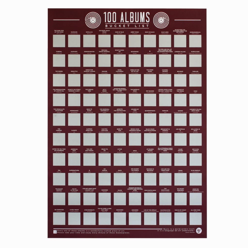Gift Republic 100 Music Albums Scratch Off Poster Musical Bucket List Poster Wall Art For Music Fans Iconic Albums & Chart Toppe