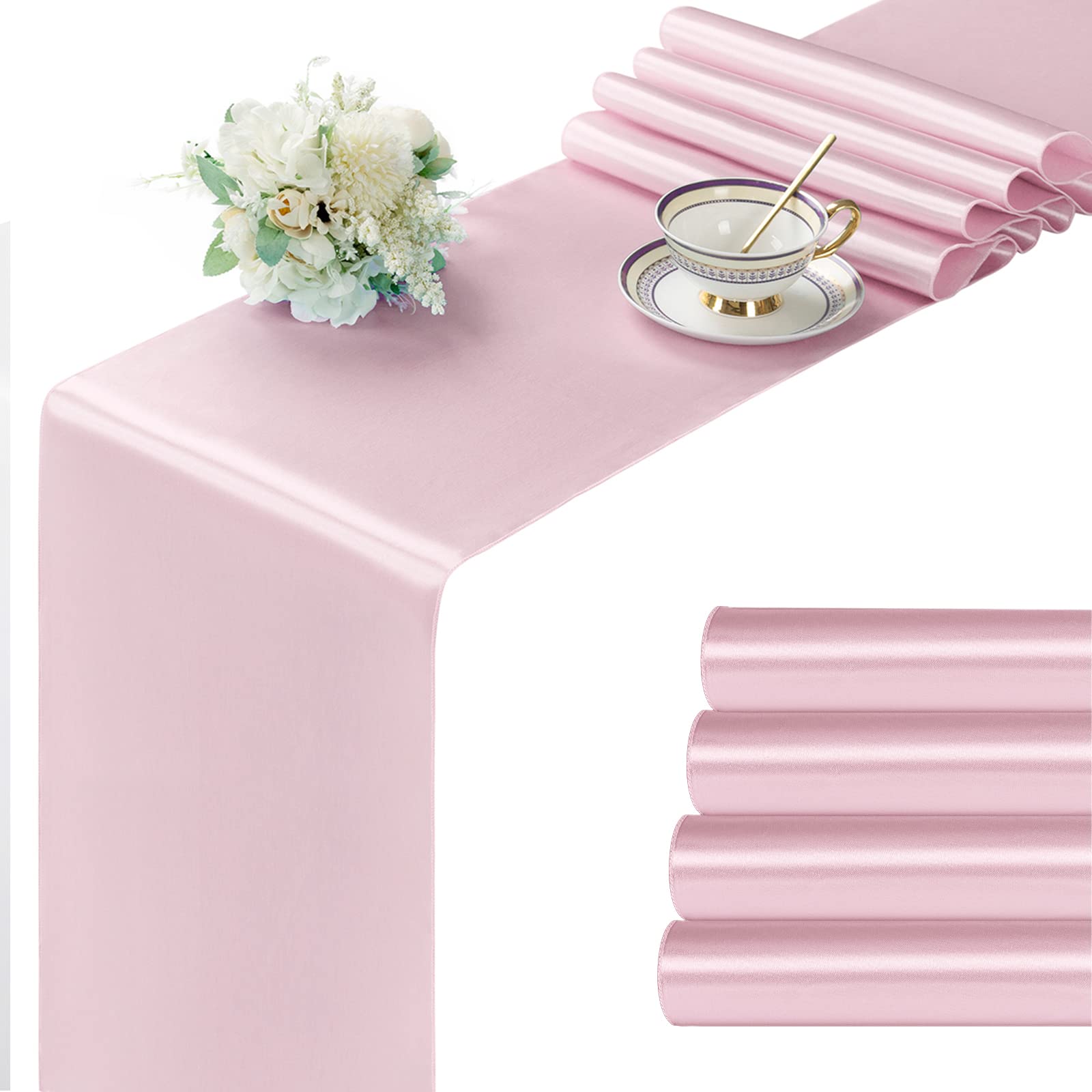 Manyshofu 4Pcs Satin Blush Pink Table Runner - 12 X 72 Inch Long Size, Party Table Runner Decor Bright & Smooth Wedding Decorati