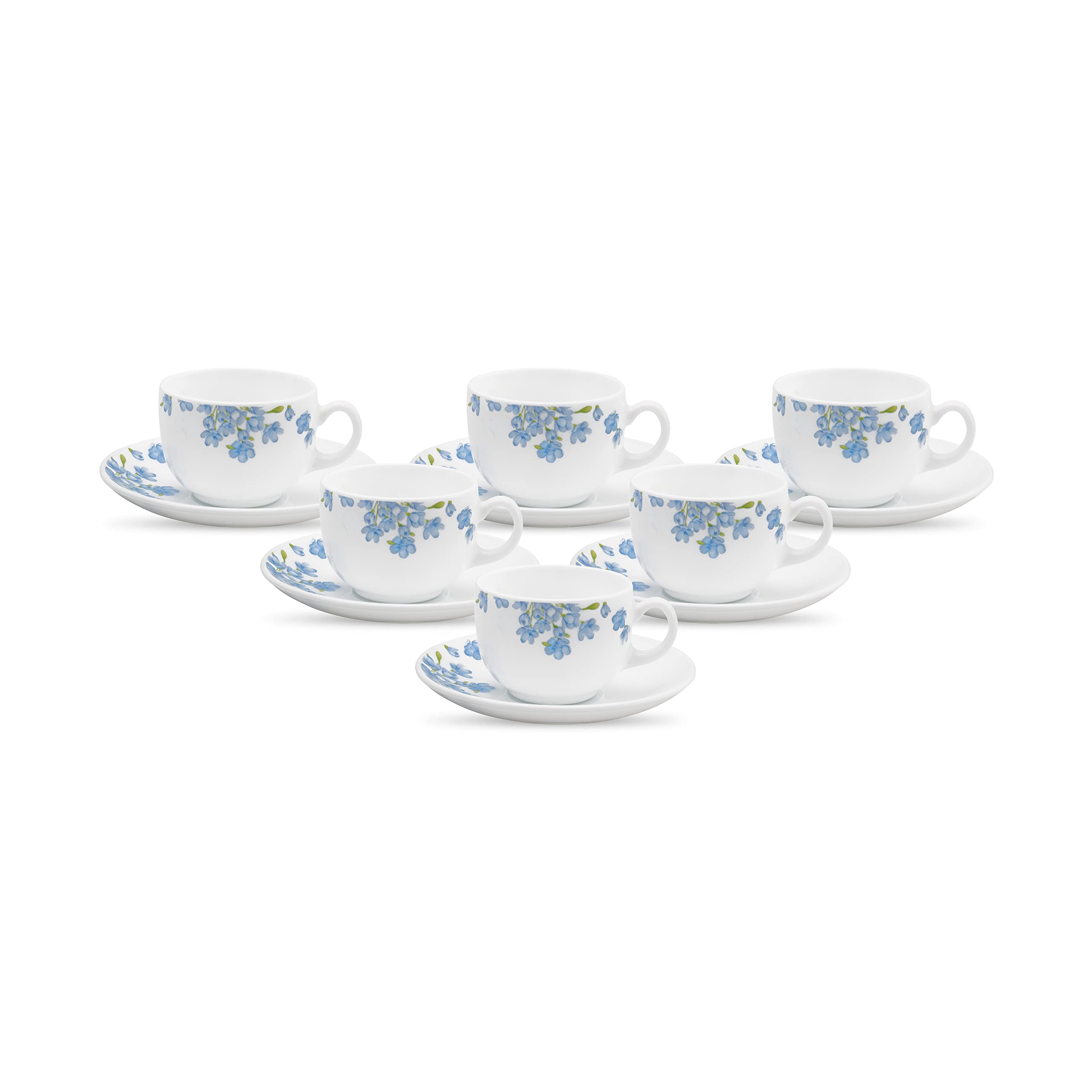 La Opala Diva, Opal Glass Crockery | Cup & Saucer Iris Regular, Set Of 12 | Aster Blue, 160 Ml | For Tea & Coffee | Microwave Sa