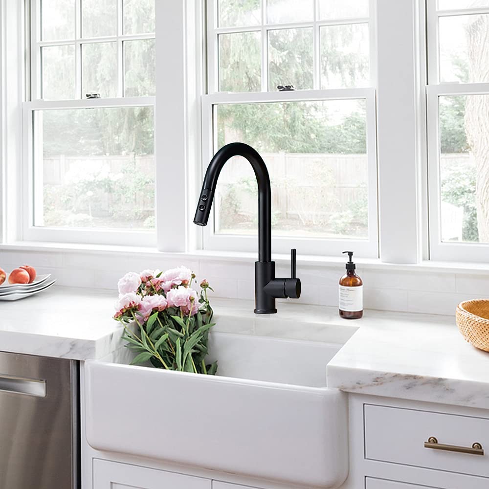 Kinfaucets Black Kitchen Faucet With Pull Down Sprayer,Single Handle Pull Out Kitchen Sink Faucet,Commercial Farmhouse Rv Bar Ut