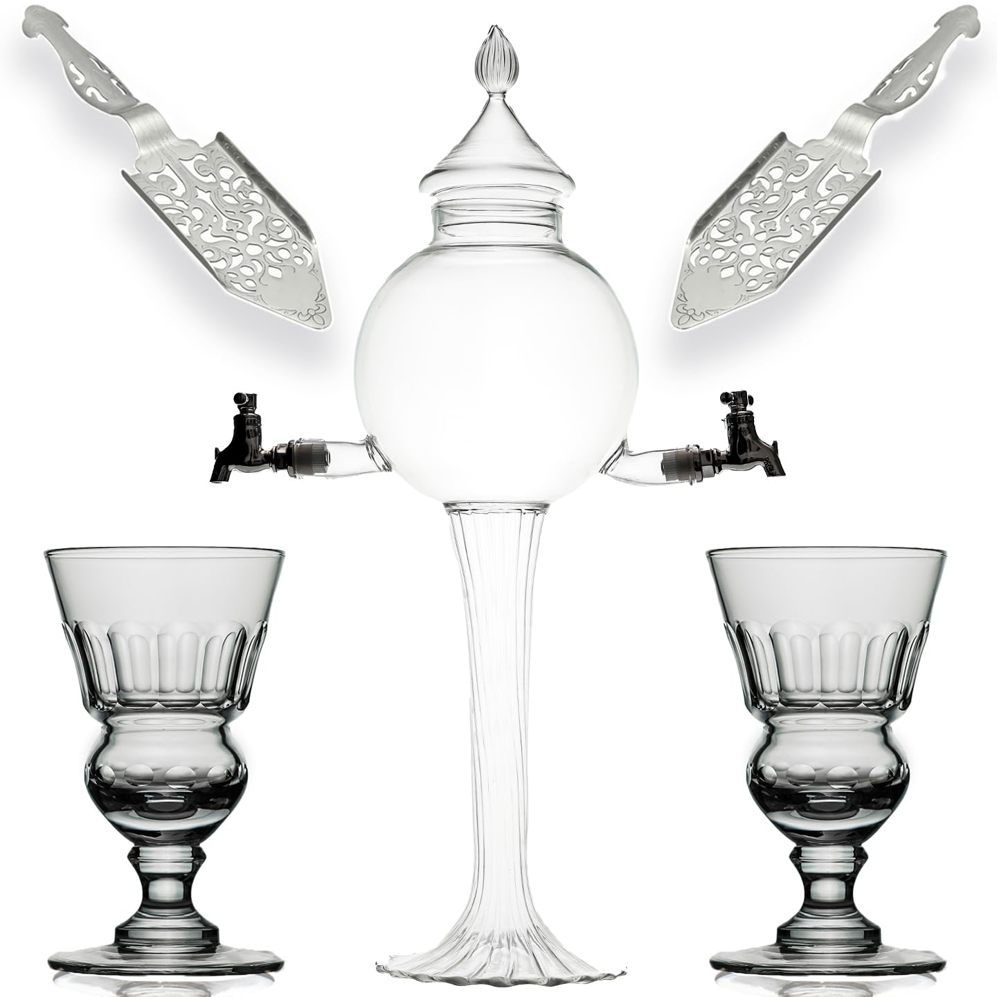 Absinthe Set - Glass Pearl Bubble Fountain Dripper With 2 Spouts, Absinthe Dripper Set, Complete With 2 Reservoir Pontarlier Gla