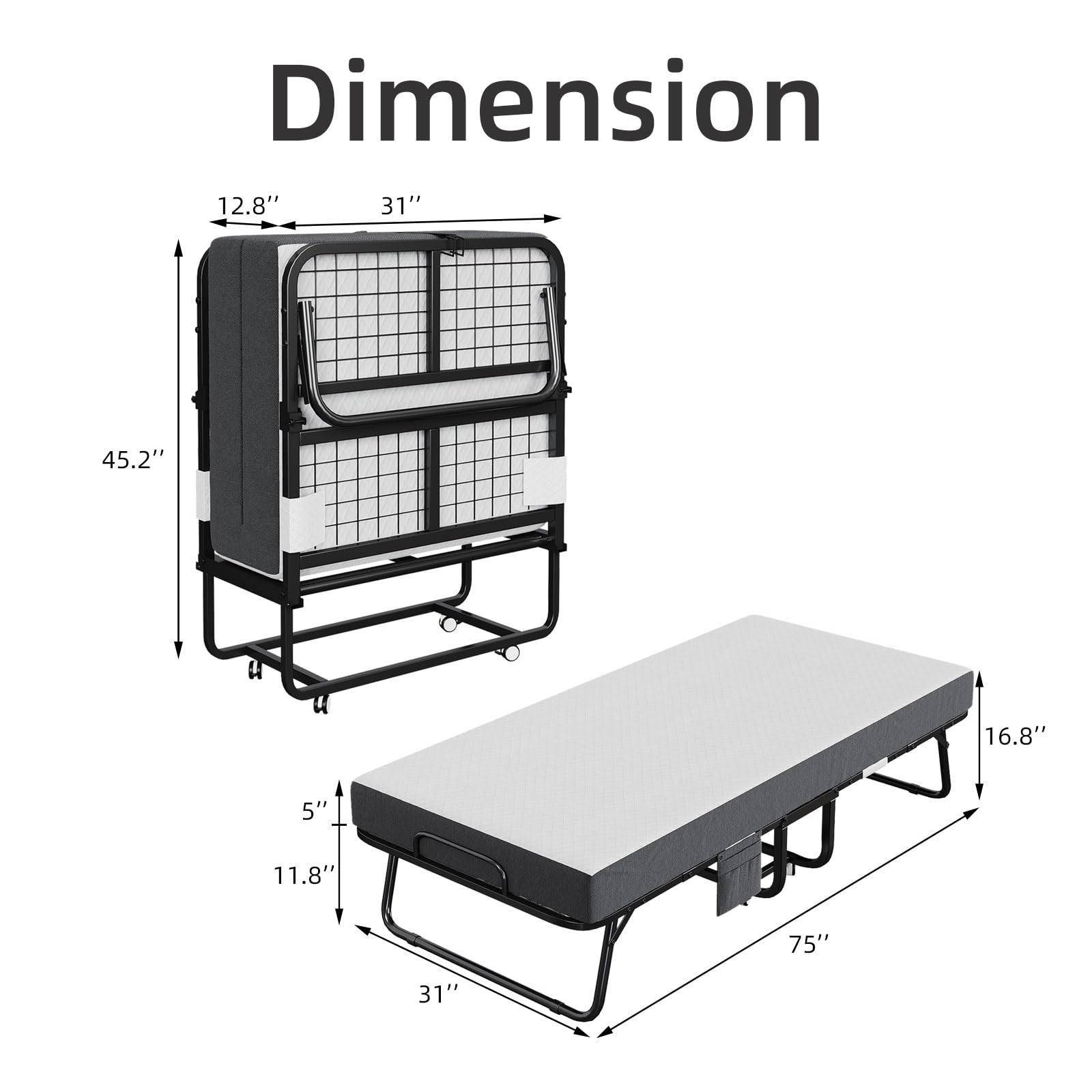 Folding Bed With Mattress, Portable Foldable Bed With Premium 5 Inch Memory Foam Mattress, Rollaway Bed Day Bed For Adults With
