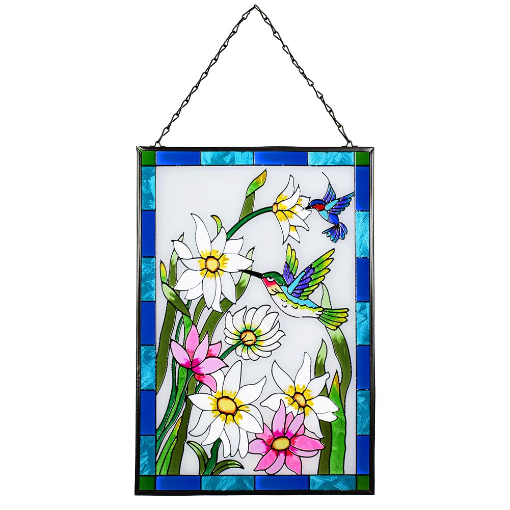 Viveta Stained Glass Window Hanging, Hummingbird Suncatchers Panels, Glass Window Panel Hanging Ornament, Hand-Painted Art Decor