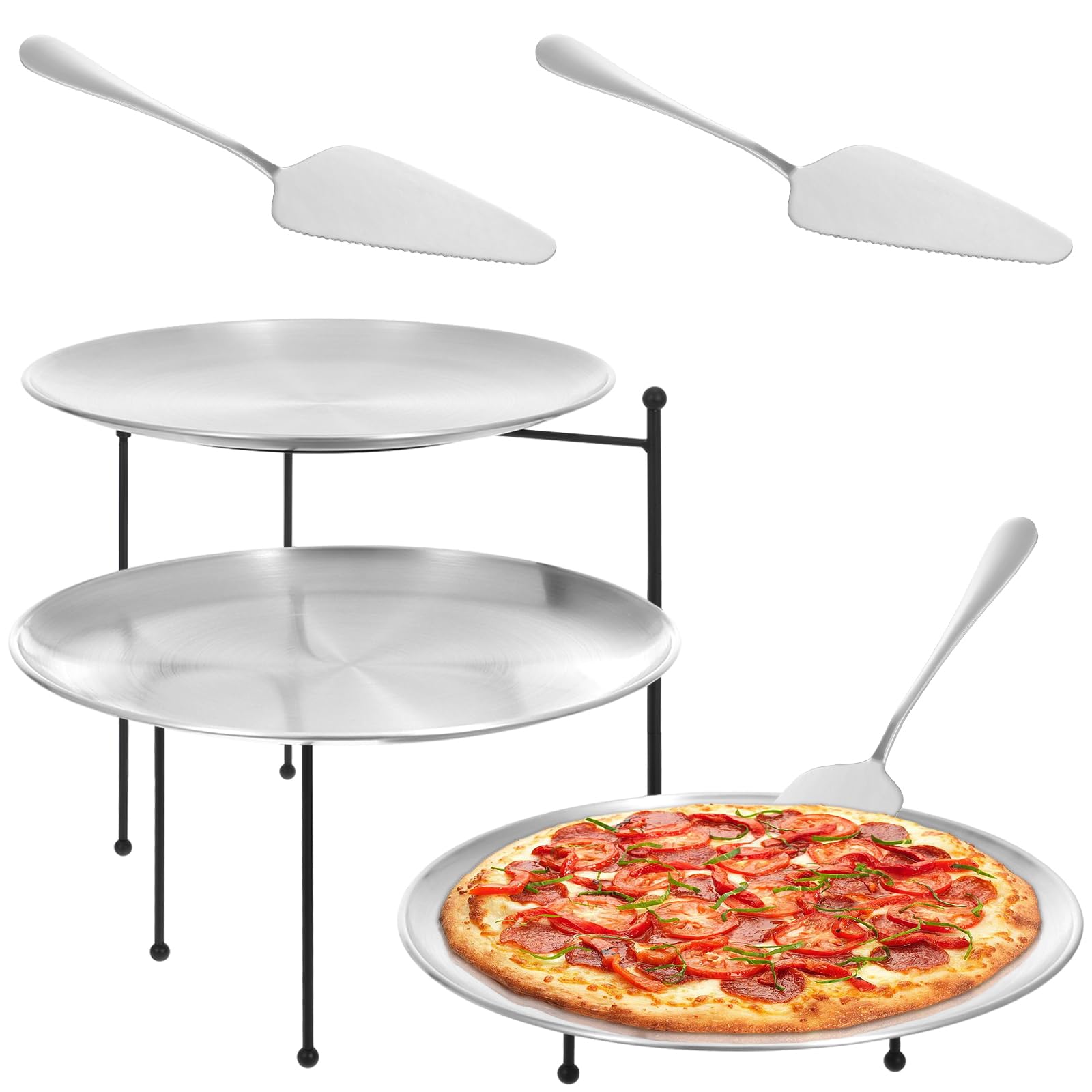 MegoSage Pizza Stands Tiered Serving Tray Stand Sets Includes 1 Pcs Tiered Tray Stand 3 Stainless Steel Pizza Pan and 3 Pizza Se