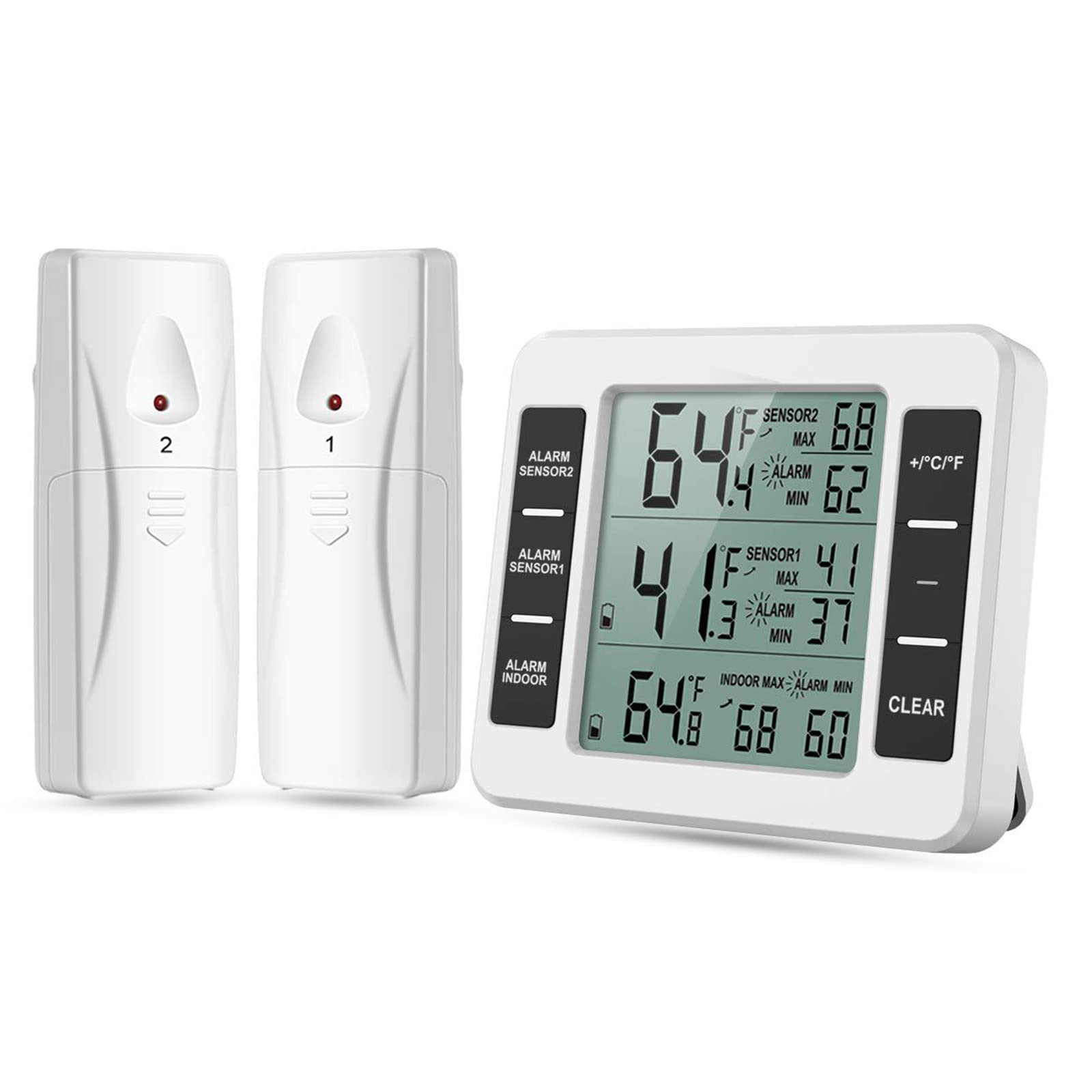 Refrigerator Thermometer, Wireless Digital Fridge Freezer Thermometer With Audible Alarm, Max/Min Temperature Display And 2 Sens
