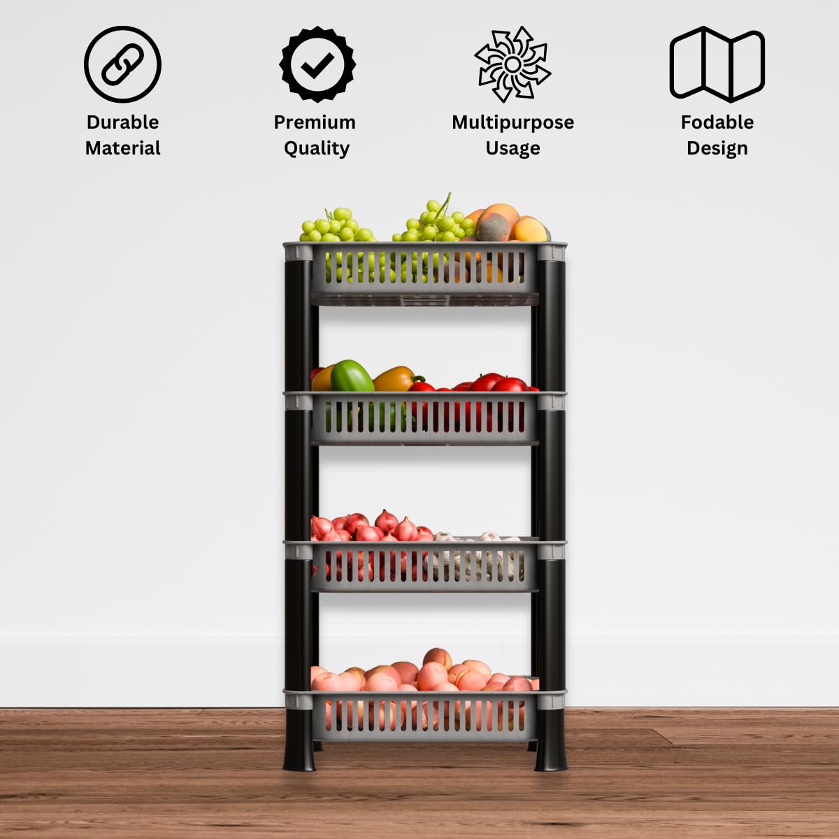 Biltoxi Kitchen Racks Plastic, Vegetable Basket Stand, Plastic Rack Office, Fruits Onion Stand for Kitchen (Grey Color, 4 Layer)