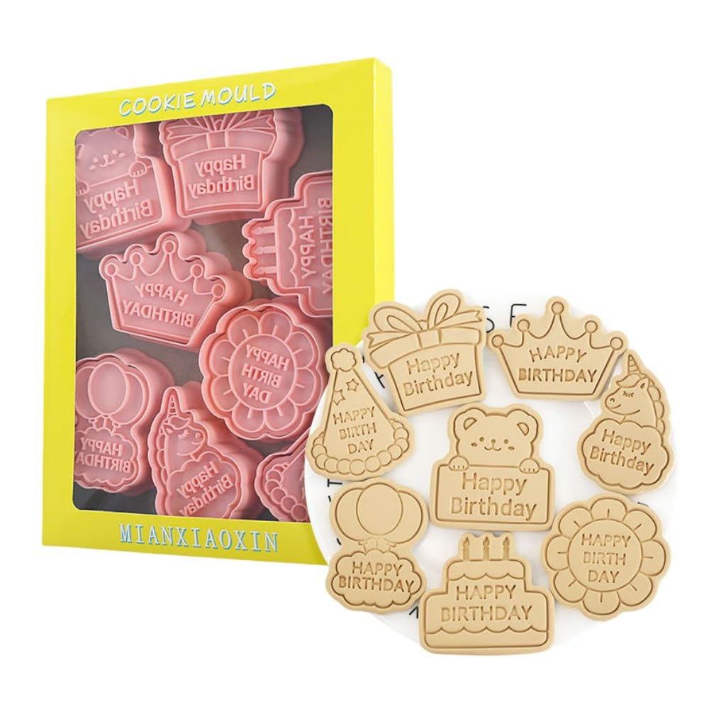 6 Pieces Cute Cookie Cutters Cartoon Cookie Mould Cookie Stamps Set Kitchen Tools Plastic Cookie Press (Happy Birthday)