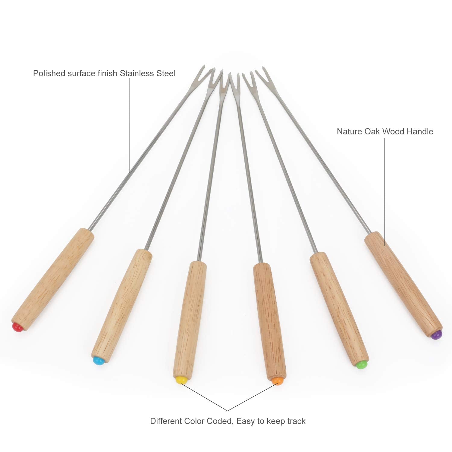 STYDDI Fondue Fork Set - 18Pcs Stainless Steel, Wooden Handle, 9.5 Inch, Multicolor for Chocolate Fountain & Cheese Fondue