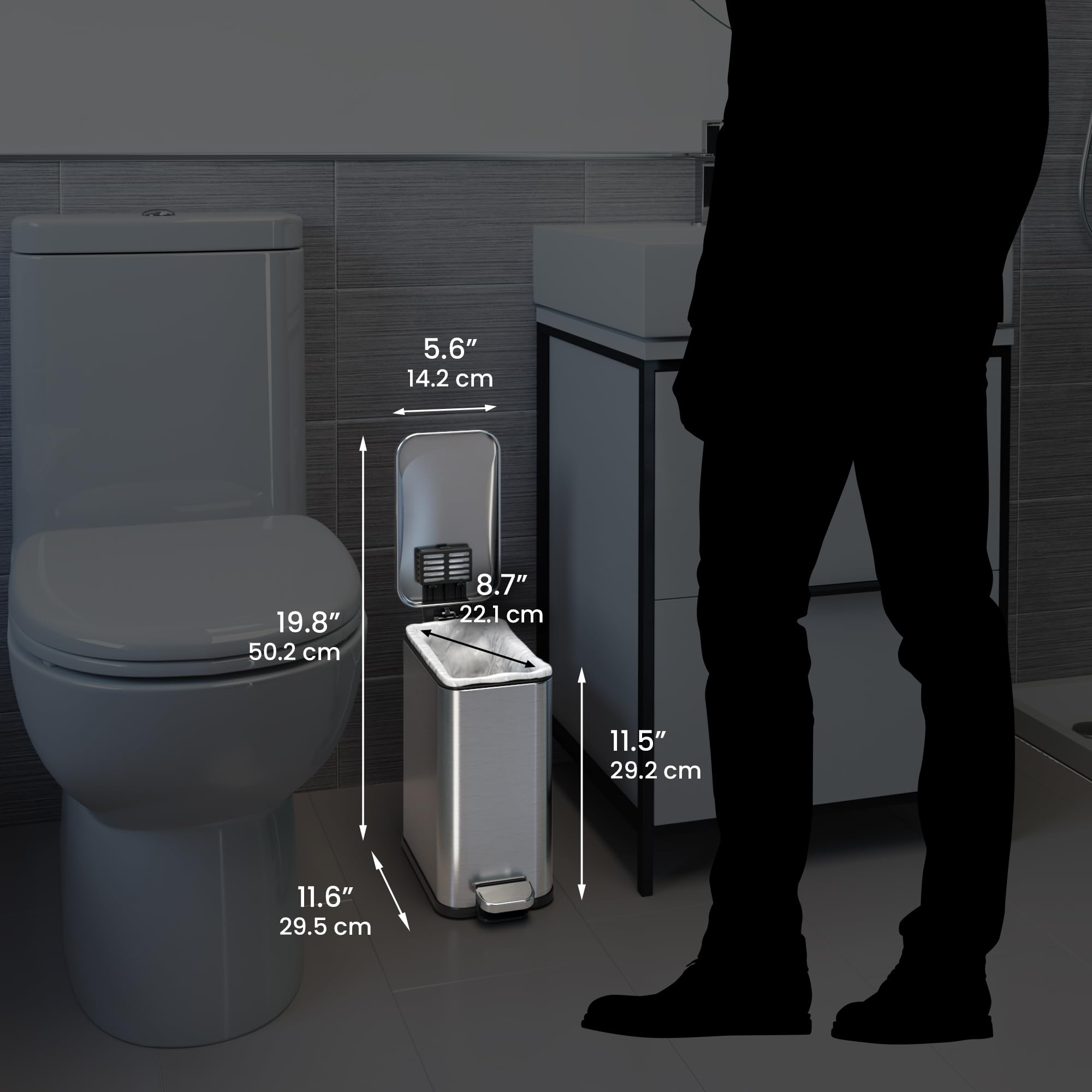 iTouchless SoftStep 1.3 Gallon Small Slim Bathroom Step Trash Can with Removable Inner Bucket & AbsorbX Odor Filter  Stainless Steel  5 Liter Garbage Bin  Bathroom  Bedroom  Business Office Cubicle