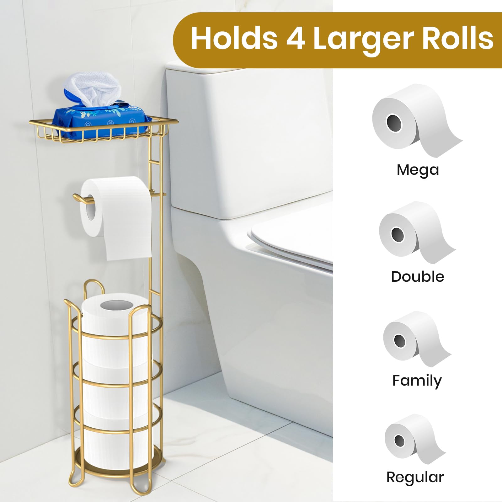 Gold Toilet Paper Holder Stand With Shelf, Freestanding Tissue Roll Holder, Holds 4 Mega Rolls And Extra Storage For Phone, Wipe