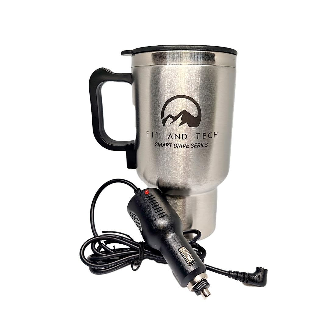 FIT AND TECH Smart Drive Series Heated Travel Mug with Car Charger 540ml (15 Oz), Stainless Steel