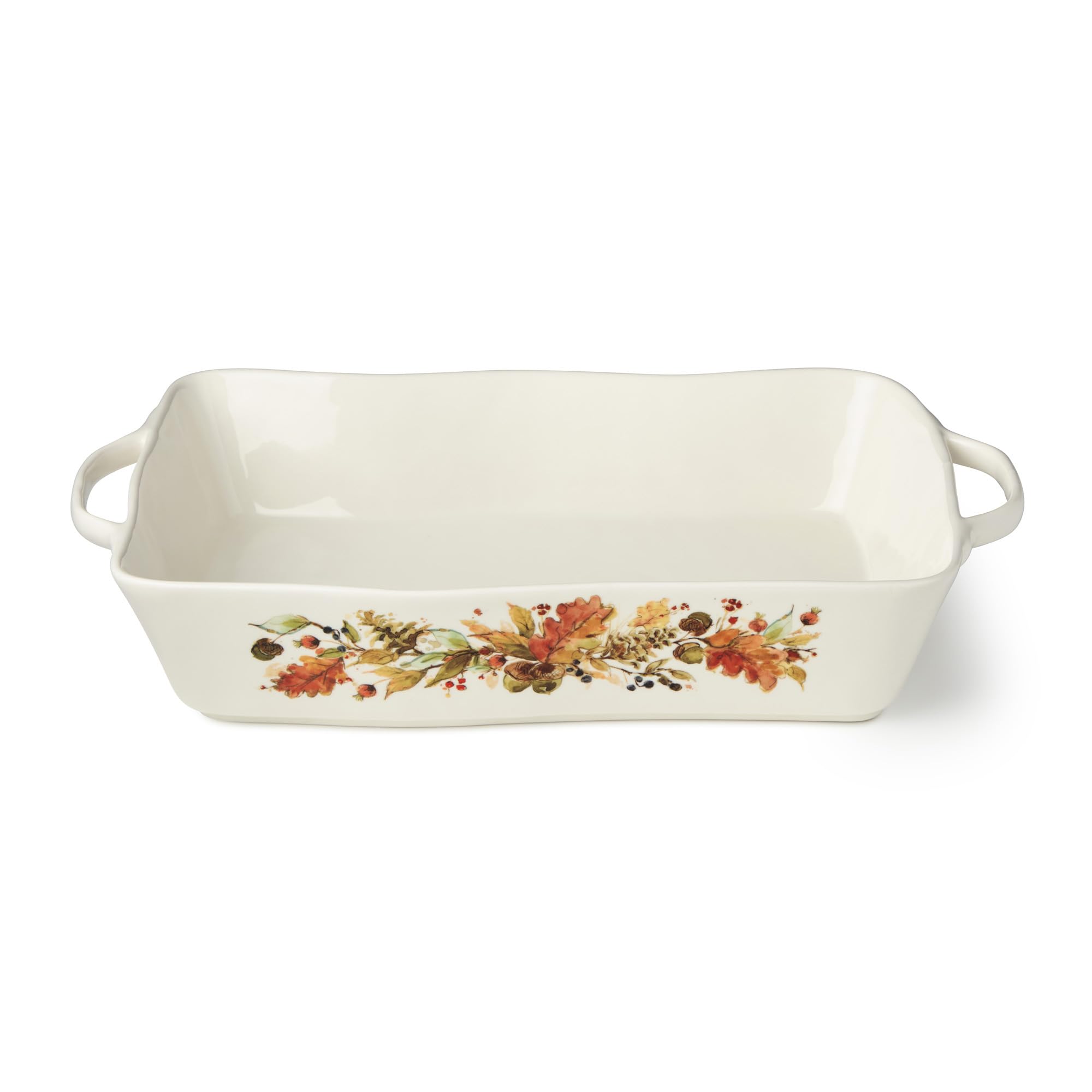 Autumn Meadows RECTANGULAR BAKER, 150 ounce  A 16x10.25x3inch, stoneware baking dish painted with harvest botanicals, built fo