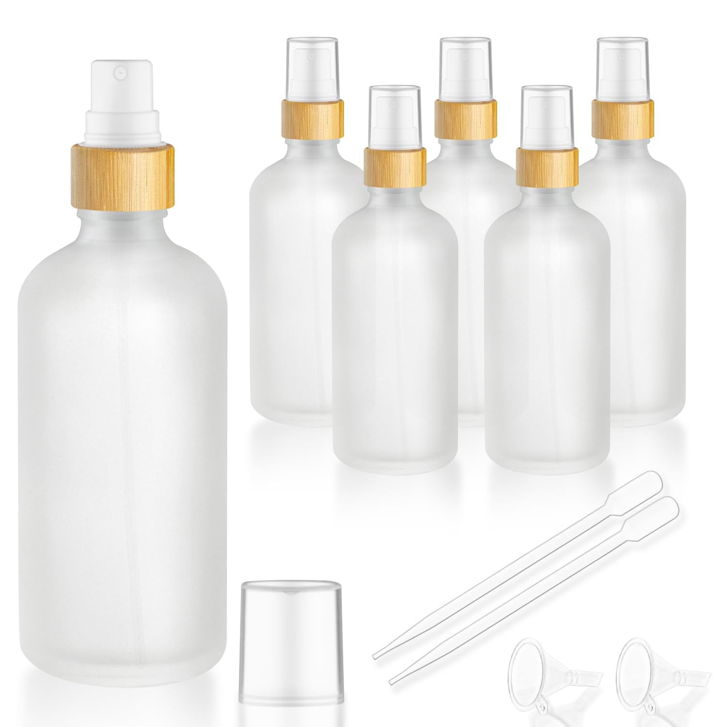 6 Pack 3.4 Oz White Frosted Glass Spray Bottle,Empty Perfume Fine Mist Atomizer,Natural Bamboo Pump Head Travel Liquid Holder Co