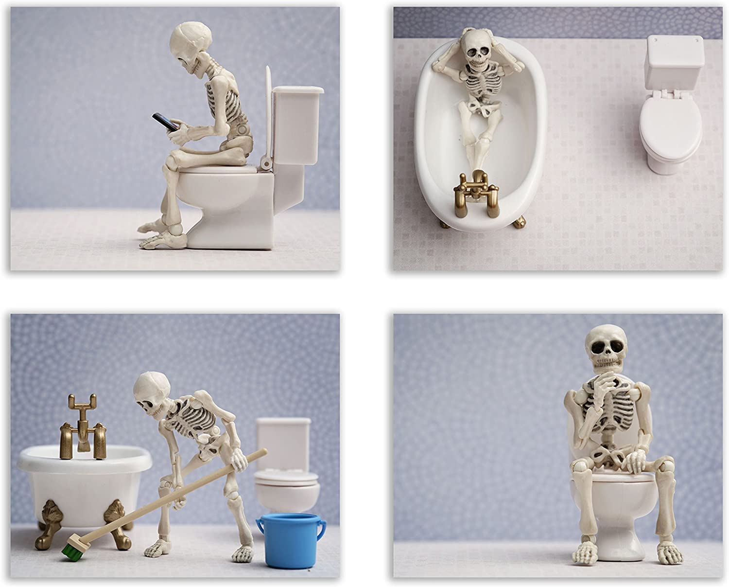 Summit Designs Skeleton Bathroom Prints - Funny Hipster Skull And Bones Wall Art Decor - Set Of 4 (11X14) Photos - Funny Bathroo