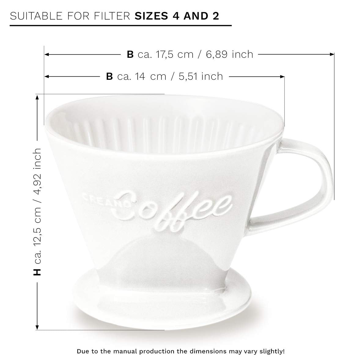 Creano Xxl Porcelain Coffee Dripper Ceramic Cone Brewer - Filter Size 4 White - Huge And Heavy Quality 800Gr/28Oz - 6 Colours Av