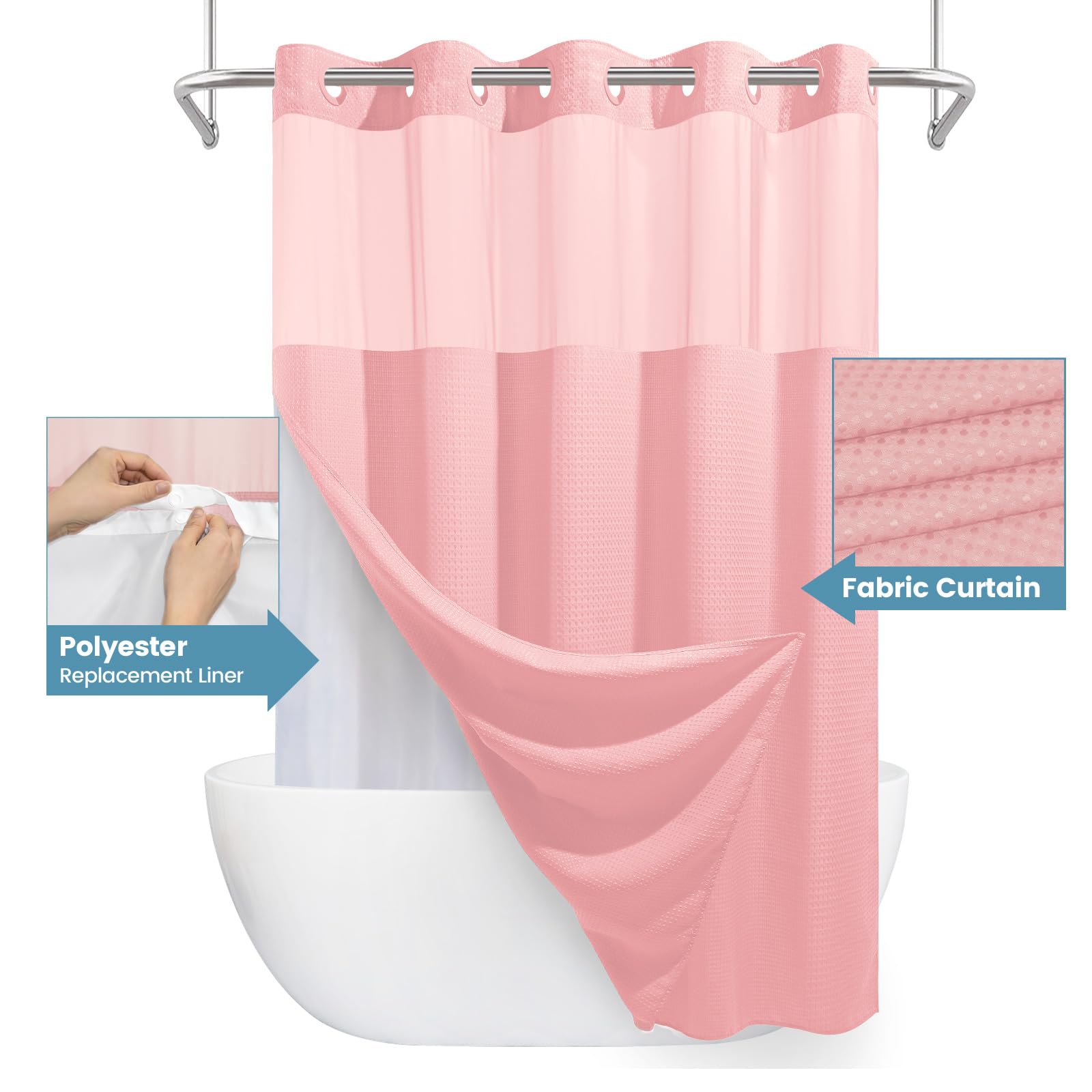 Eutxl Pink Shower Curtain With Liner - 230Gsm Waffle Textured Heavy Duty Shower Curtains For Bathroom,71W X 74H