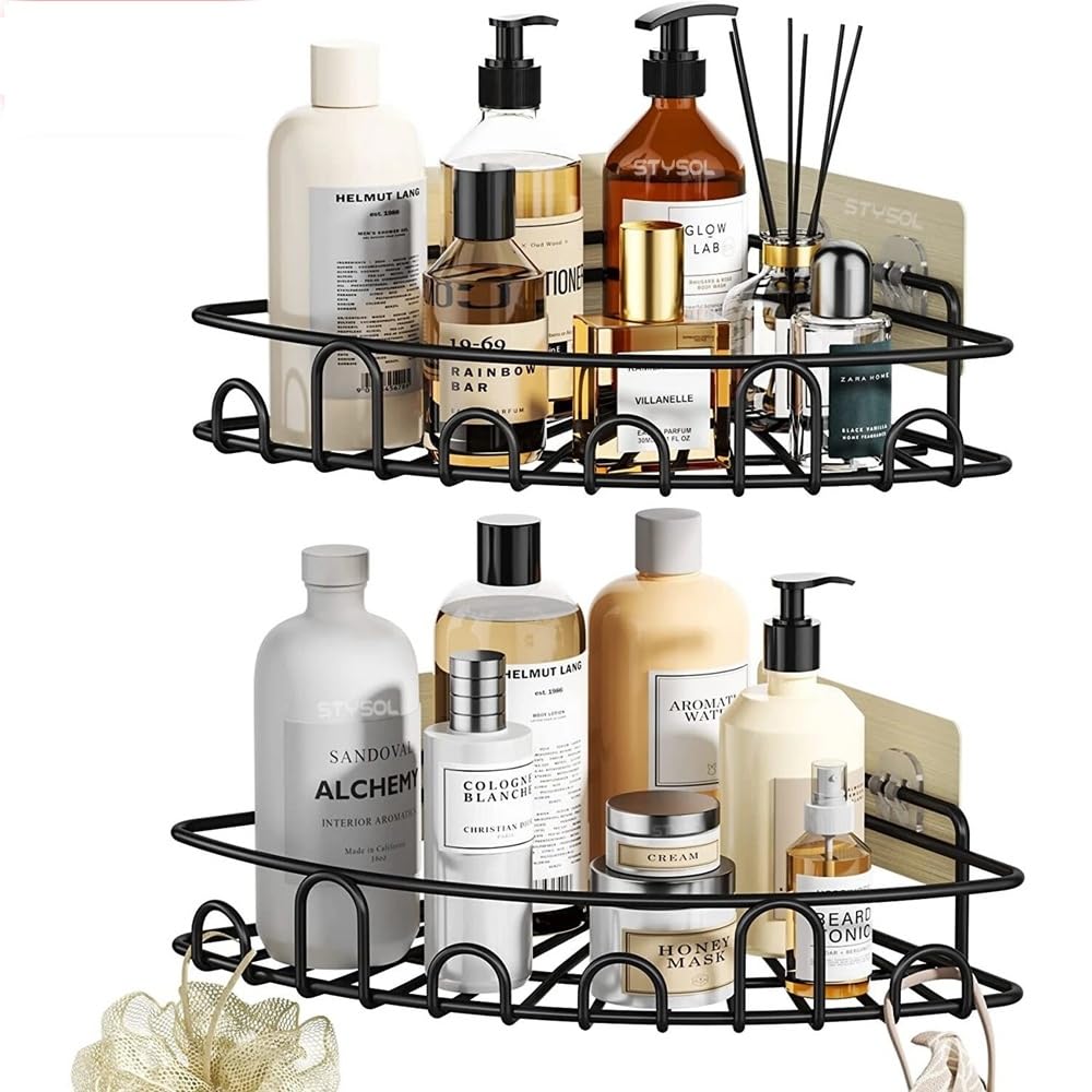 Stysol Bathroom Organiser Without Drill Set Of 2 | Metal Corner Shelf Rack | No Drilling Self Adhesive, Wall Mounted Storage Org