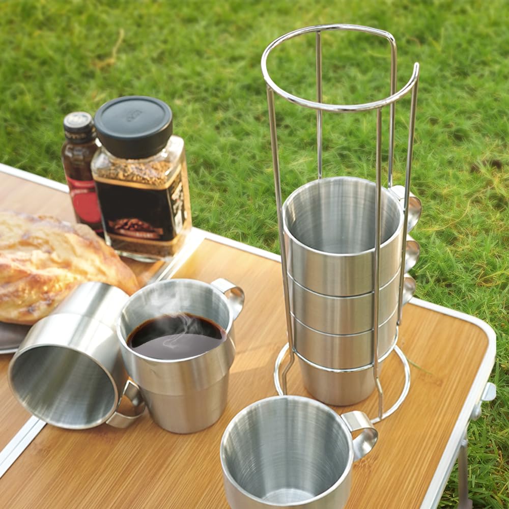 Japard Metal Coffee Mugs Stainless Steel Insulated Cup, Stackable Set Of 6, In Stand Rack, Double Wall Insulated
