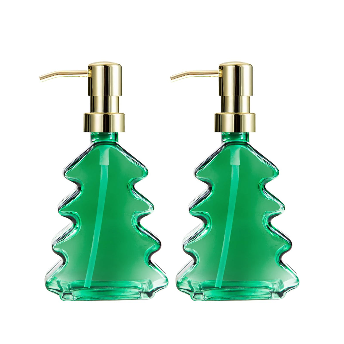 Syfurnix Christmas Soap Dispenser 2Pcs Green Glass Hand Soap Dispenser For Bathroom, Kitchen Sink, Dish Soap Dispenser With Pump