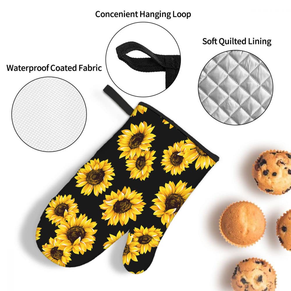 Mxocom Sunflowers Oven Mitts And Pot Holders Sets Of 3 Bbq Gloves For Kitchen,Cooking,Baking,Grilling Resistant Hot Pads For Wom
