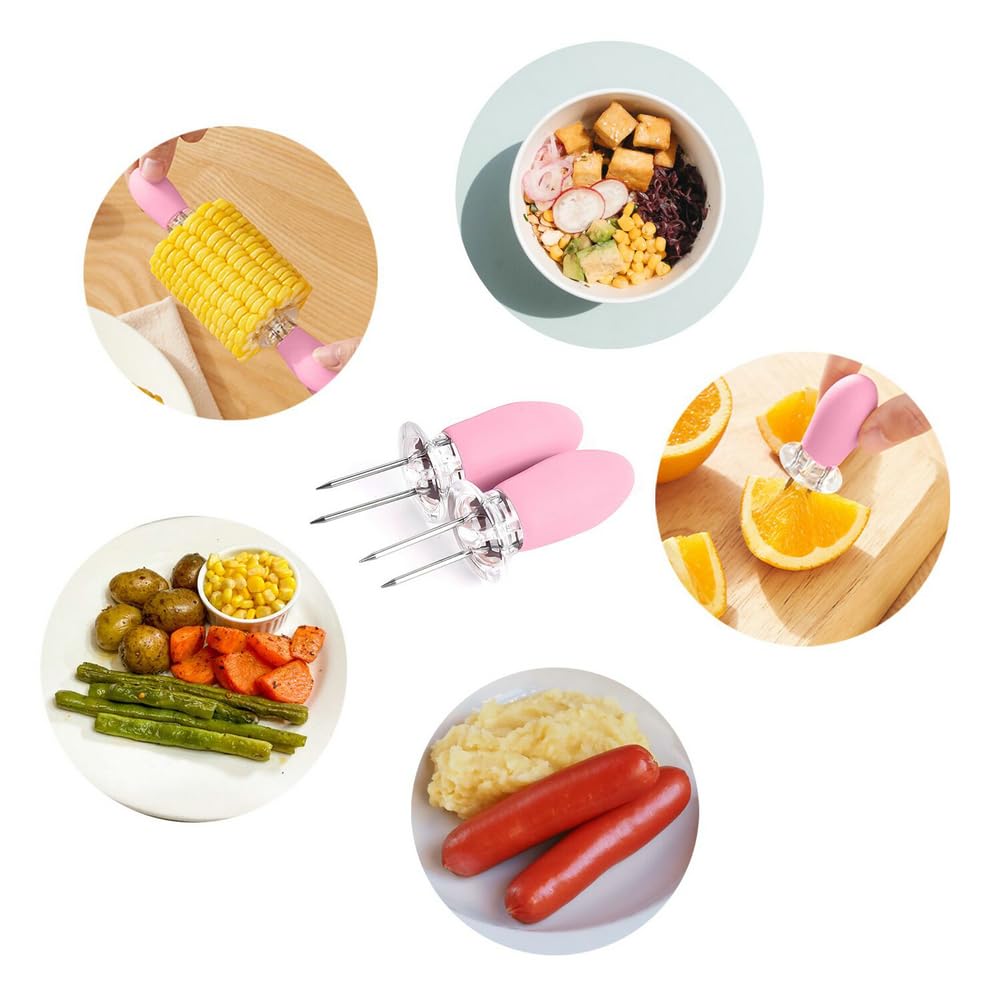 16Pcs/8 Pairs Pink Corn Holders,Peouwnes Stainless Steel Corn Cob Holders Corn On The Cob Skewers, Corn On The Grill, Interlocki