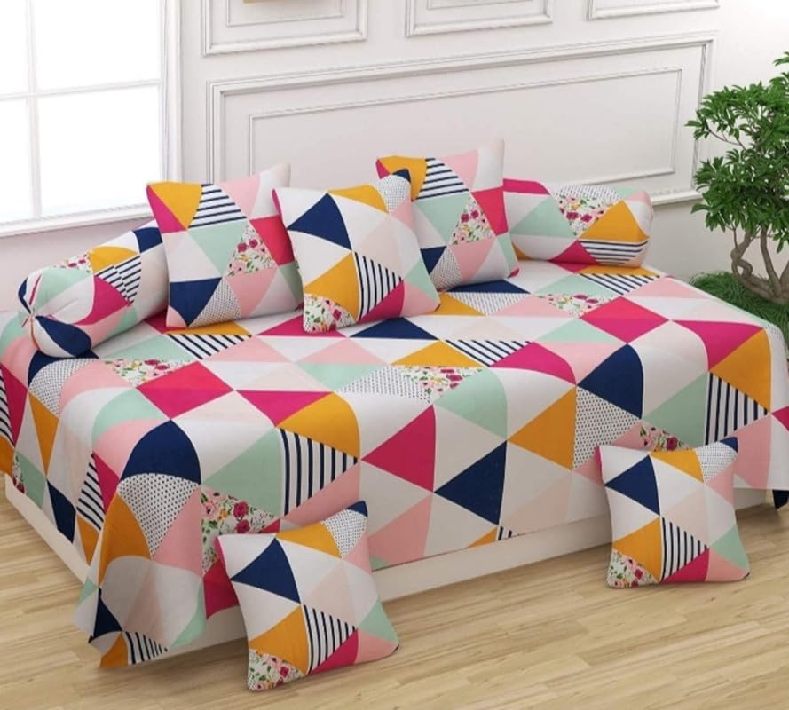 Roman. Lifestyle Soft Cotton Diwan Set Covers 8 Pieces With One Single Bed Sheet With Five Cushion Covers & Two Booster Covers