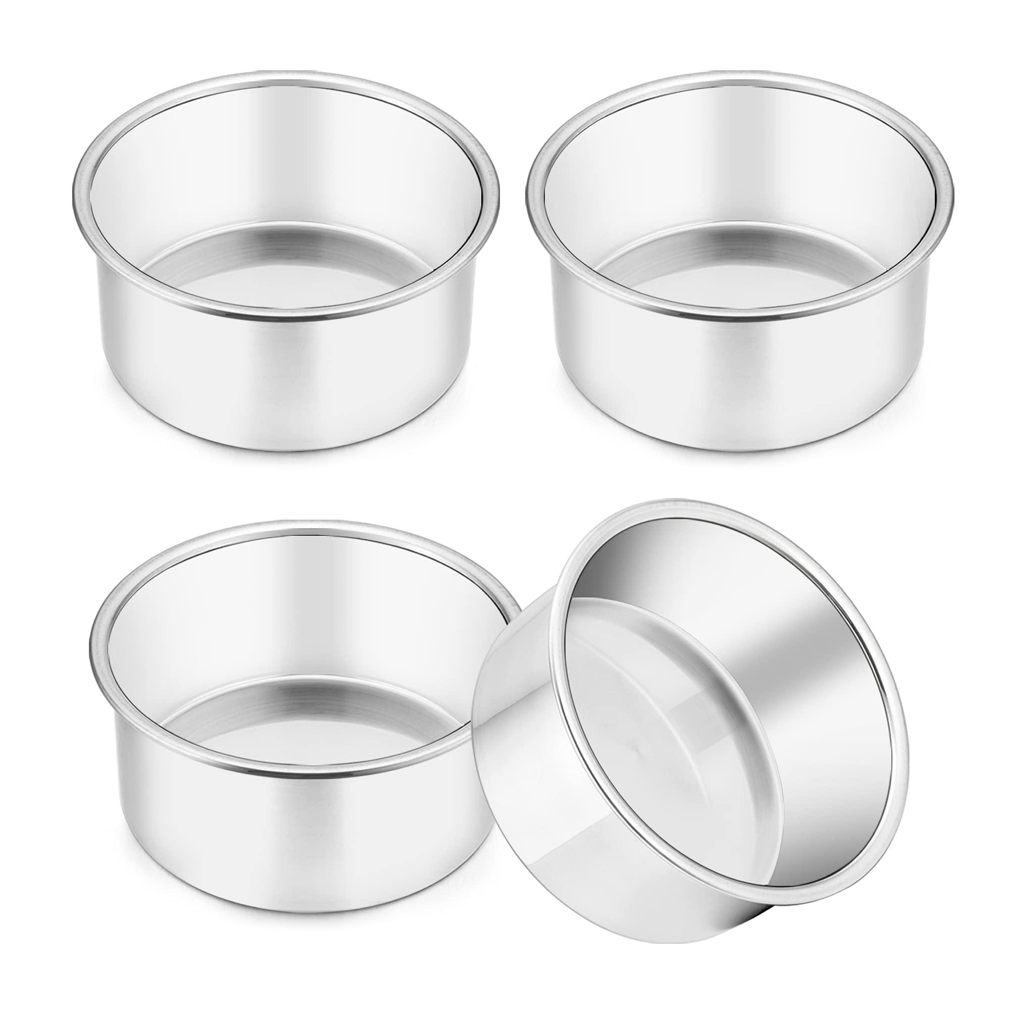 Teamfar 4 Inch Cake Pan, 4 Pcs Mini Cake Pan Round Tier Baking Cake Pans Set Stainless Steel, For Baking Steaming Serving, Healt