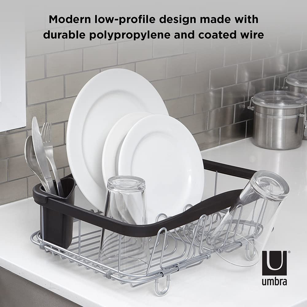 Umbra Sinkin Dish Drying Rack - Drainer With Cup Holders And Removable Cutlery Caddy - Use Over Sink, In Sink, Or On Counter, De