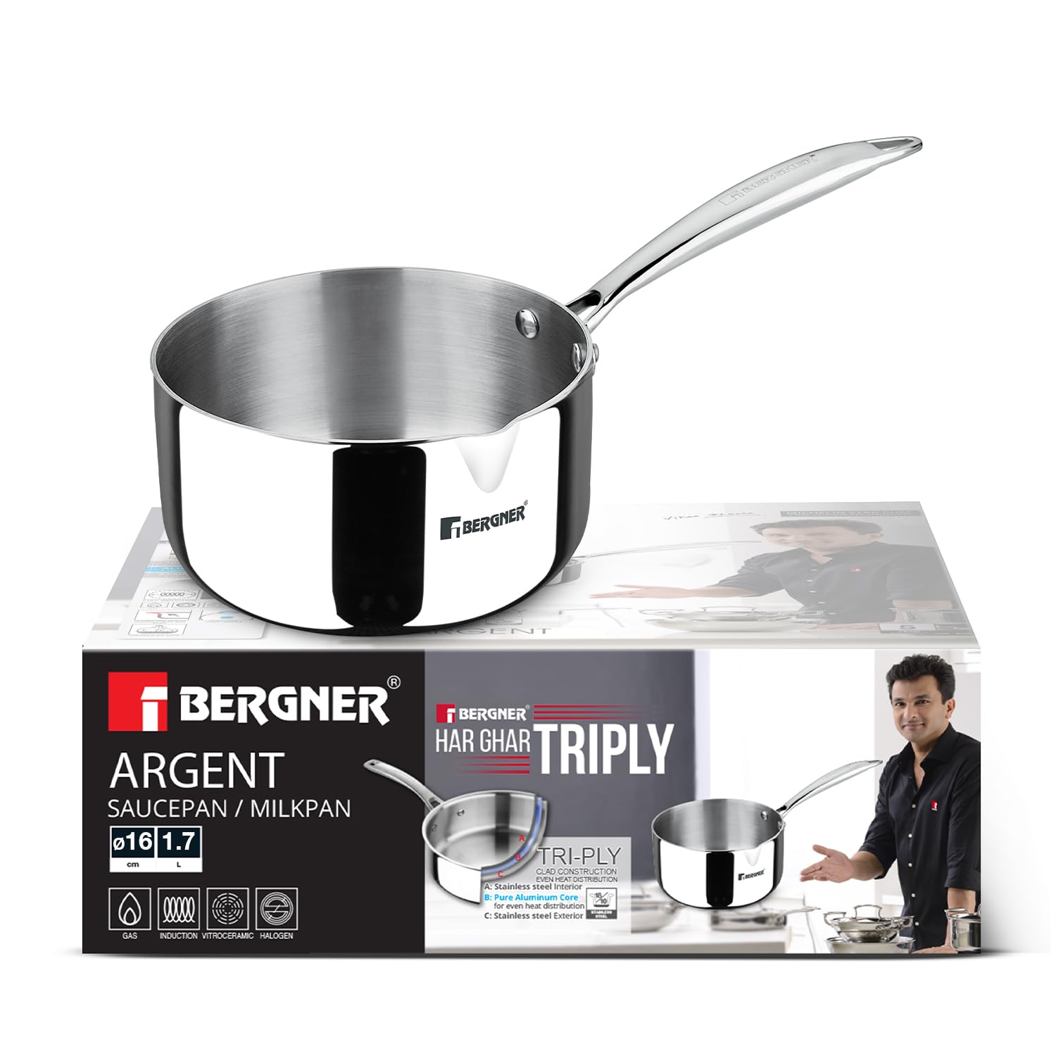 Bergner Argent Triply Stainless Steel 16 Cm Milkpan/Saucepan, Stay Cool Cast Handle, Food Safe, Durable, Even Heat Distribution,