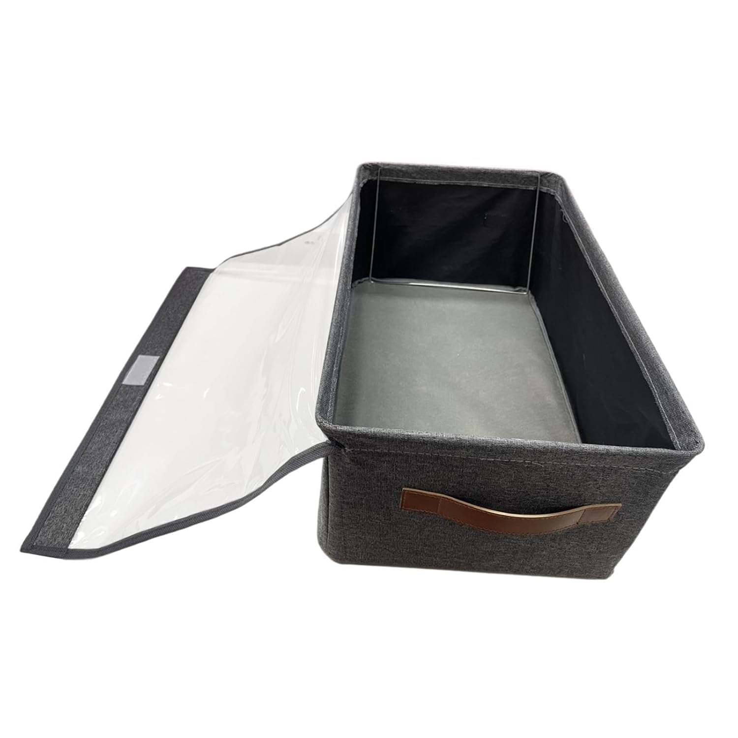 Nomenic Fabric Storage Box With Clear Lid And Leather Handle, Dark Grey, Foldable Organiser Bin