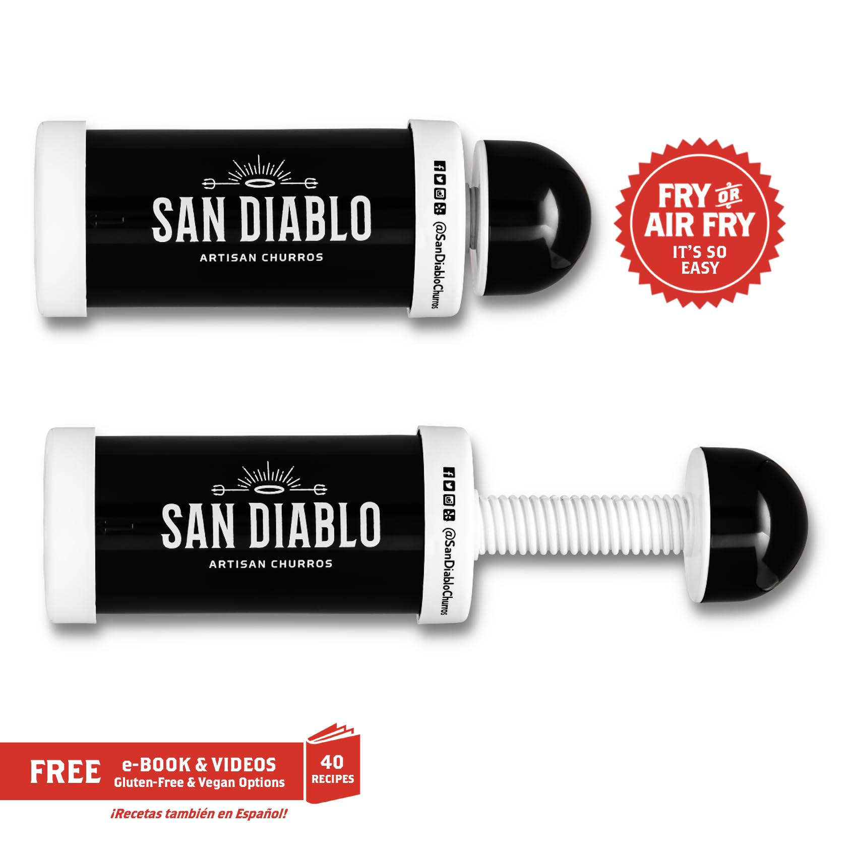 San Diablo Artisan Churros - Gourmet Kitchen Gadget W/Hollow Nozzle For Filled Churros + 8 Other Nozzles + Free E-Book Of Recipe