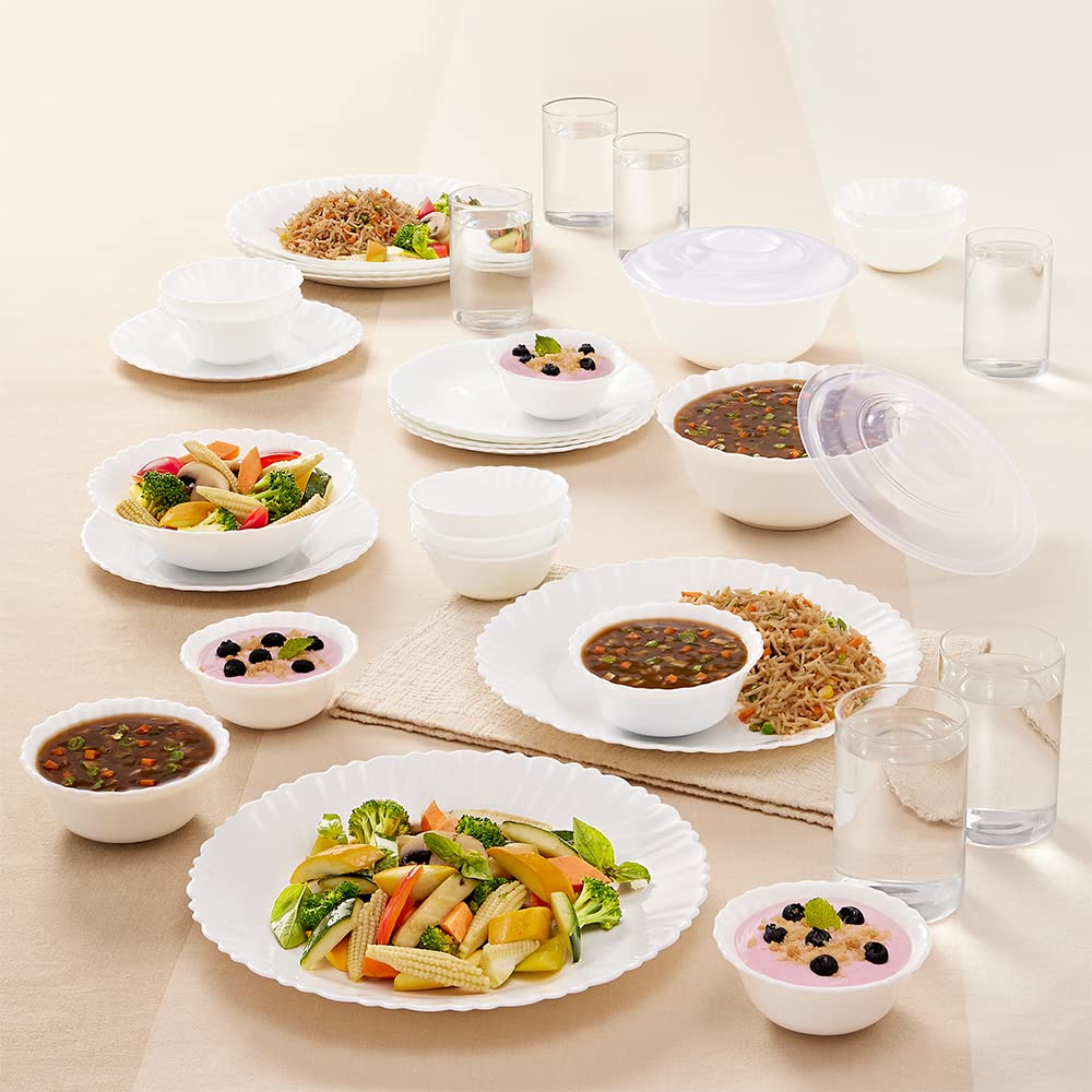 Larah By Borosil Brand Logo Silk Series Opalware Dinner Set With Glasses, 35 Pcs For Family Of 6, Microwave & Dishwasher Safe, B