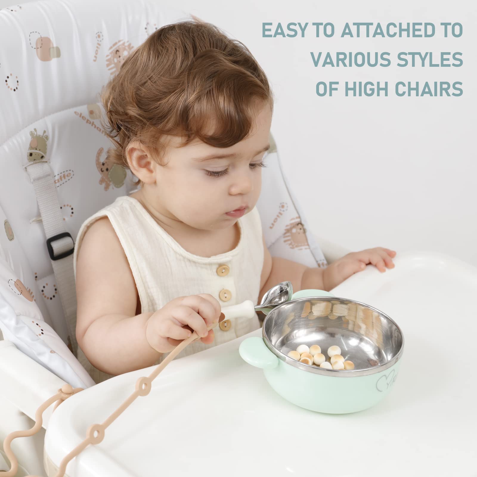 Baby Spoons Self Feeding 6 Month,Toddler Utensils Holder Strap Food Grade Silicone Keep Fork and Spoon Off The Floor Great for K