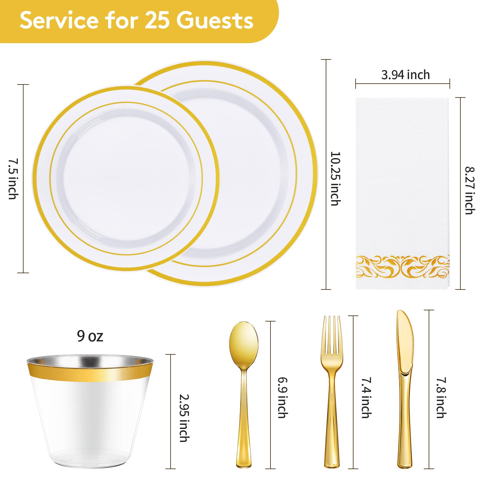 175 Piece Gold Dinnerware Set for 25 Guests  Plastic Plates Disposable for Party  Include: 25 Gold Rim Dinner Plates  25 Dessert Plates  25 Paper Napkins  25 Cups  25 Gold Plastic Silverware Set