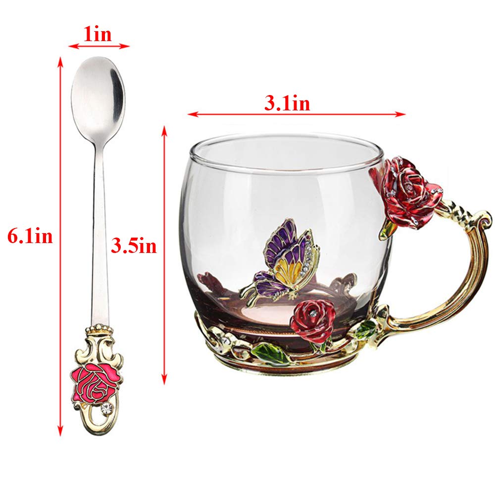 Tea Cup Glass Coffee Mugs Enamel Rose Flower Butterfly Drinking Cups With Spoon Set Unique Gifts For Birthday Wedding Christmas