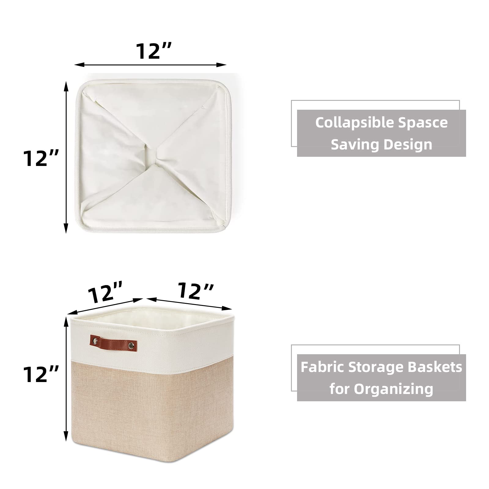 HNZIGE Foldable (4 Pack ) Storage Baskets for Shelves  Organizing Closet 12x12 Baskets for Cube Storage Home Organization with Handles(White&Beige )