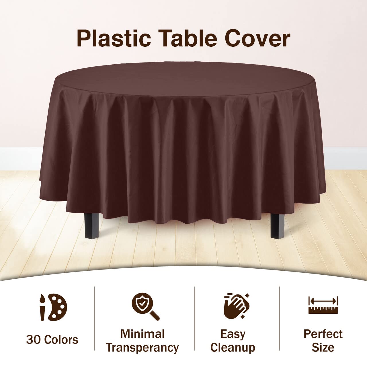 Exquisite 6-Pack Premium Plastic Tablecloth 84In. Round Plastic Table Cover - Brown