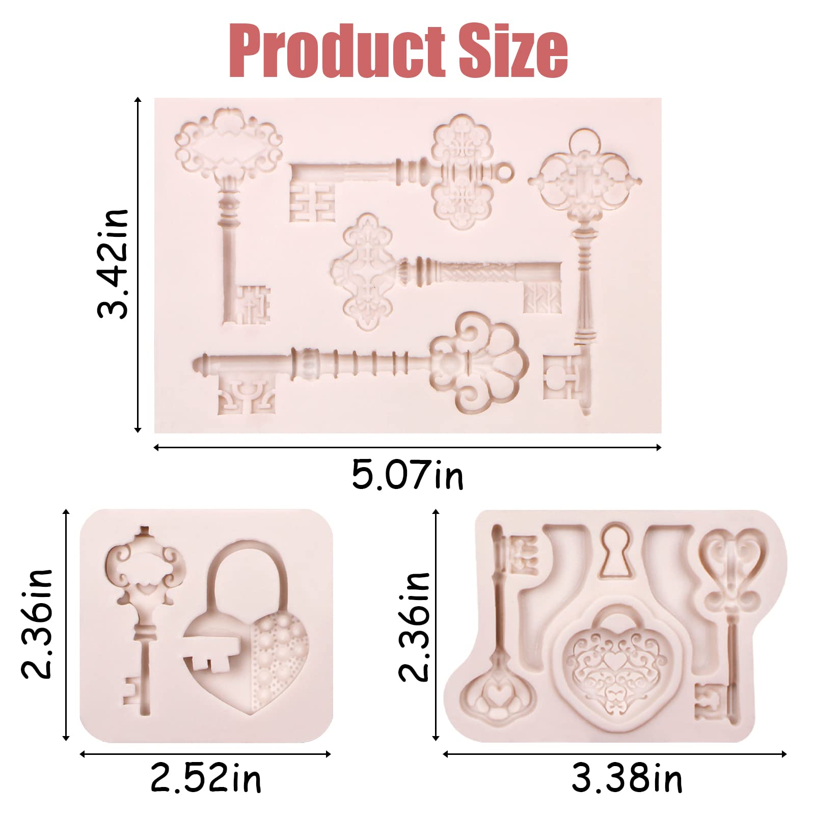 Vintage Key Cake Fondant Mold 3 Pcs, Lock Keyhole Chocolate Silicone Mold, Mini Love Keys Candy Mold For Cake Decoration Sugar C