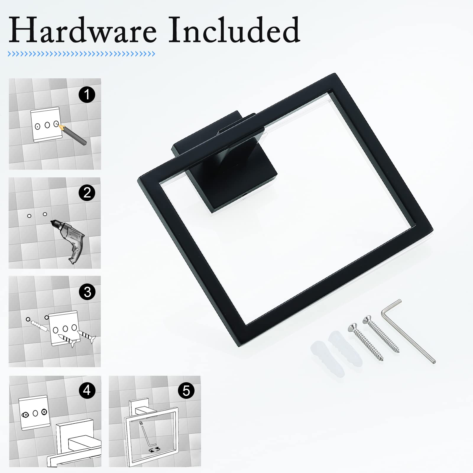 Tqkag Matte Black Towel Ring Bathroom Hand Towel Holder Stainless Steel Square Towel Hangers Wall Mounted