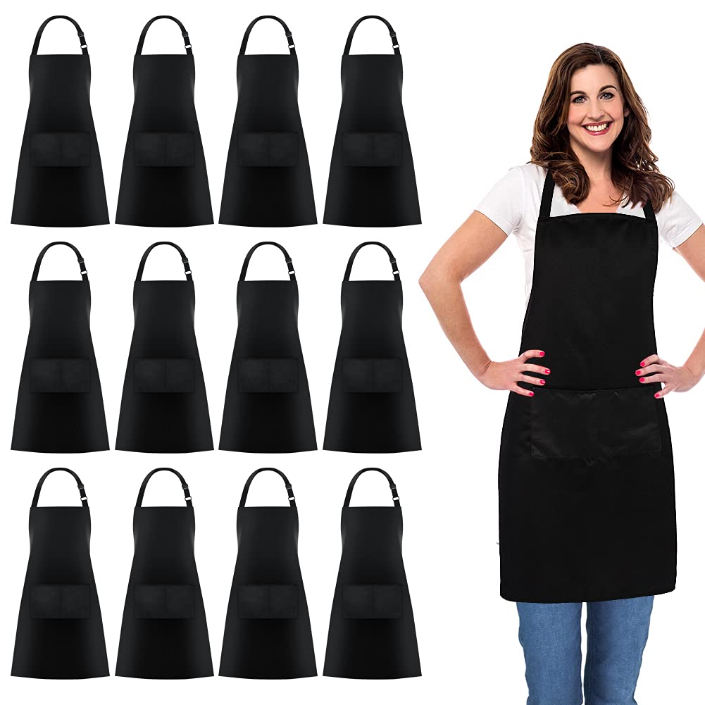 Jubatus 12 Pack 100% Cotton Aprons Bulk With 2 Pockets Cooking Chef Kitchen Adjustable Bib Apron For Women Men, Black