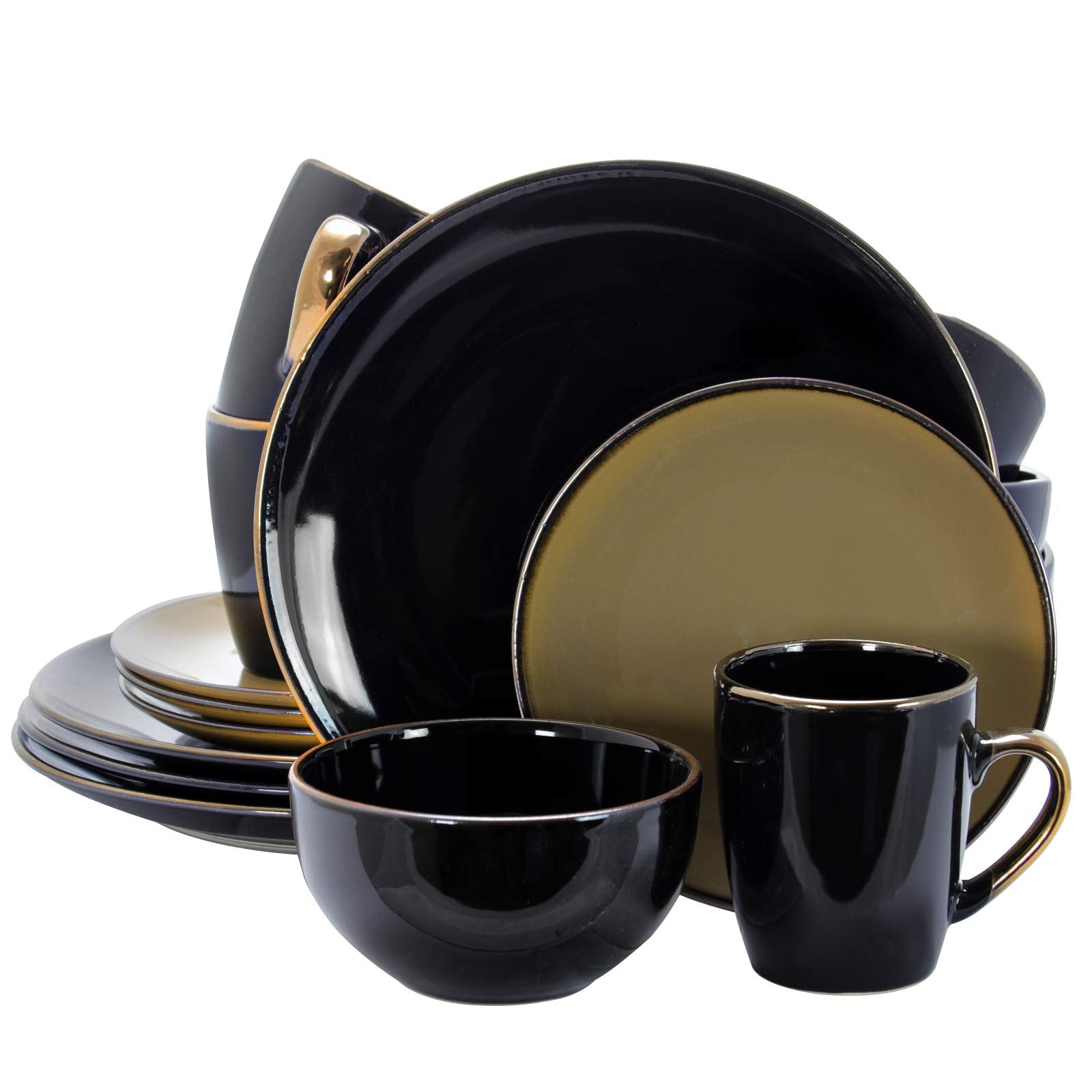 Elama Round Stoneware Grand Collection Dinnerware Dish Set, 16 Piece, Black and Warm Taupe