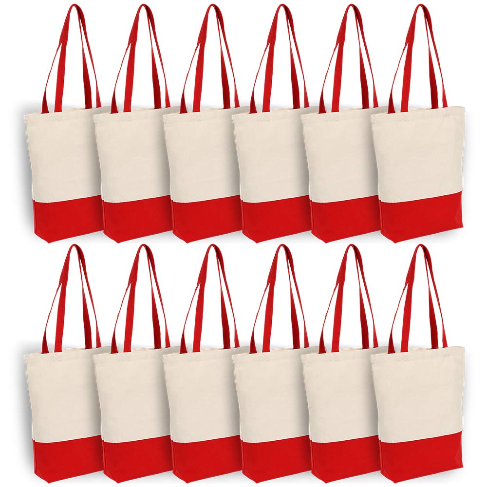 Azuca Heavy Duty 12 Oz Cotton Canvas Bag With Bottom Gusset Grocery Beach Shopping Bag 17X14X4 Inches (Red - 12 Pack)