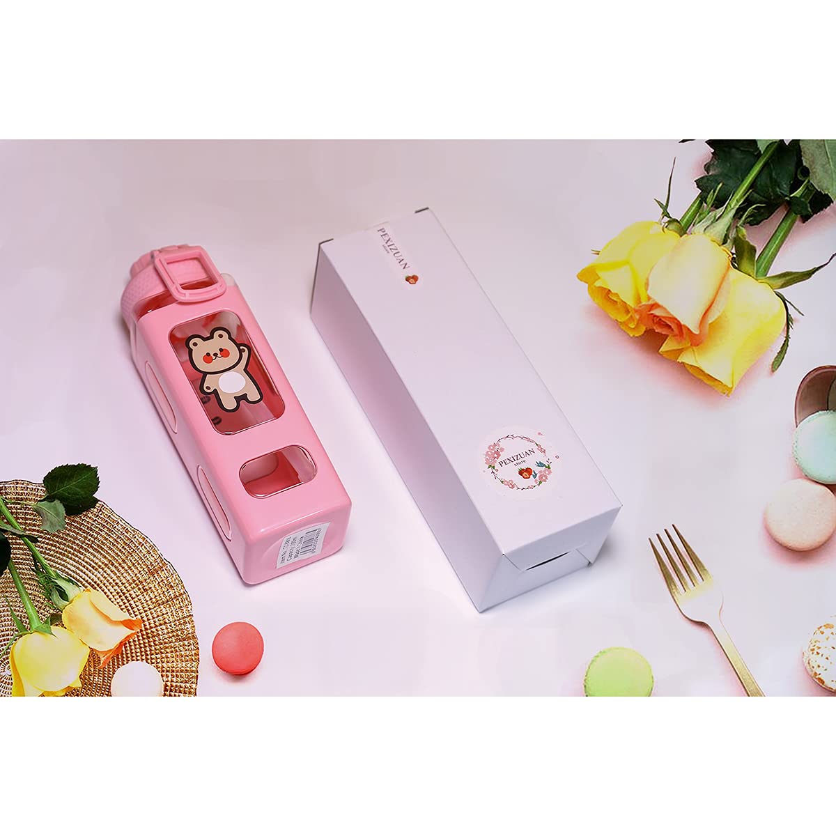Pexizuan Kawaii Bear Water Bottle With Straw Sport Plastic Portable Square Drinking Bottle For Girl Cute Juice Tea Water Cups 70
