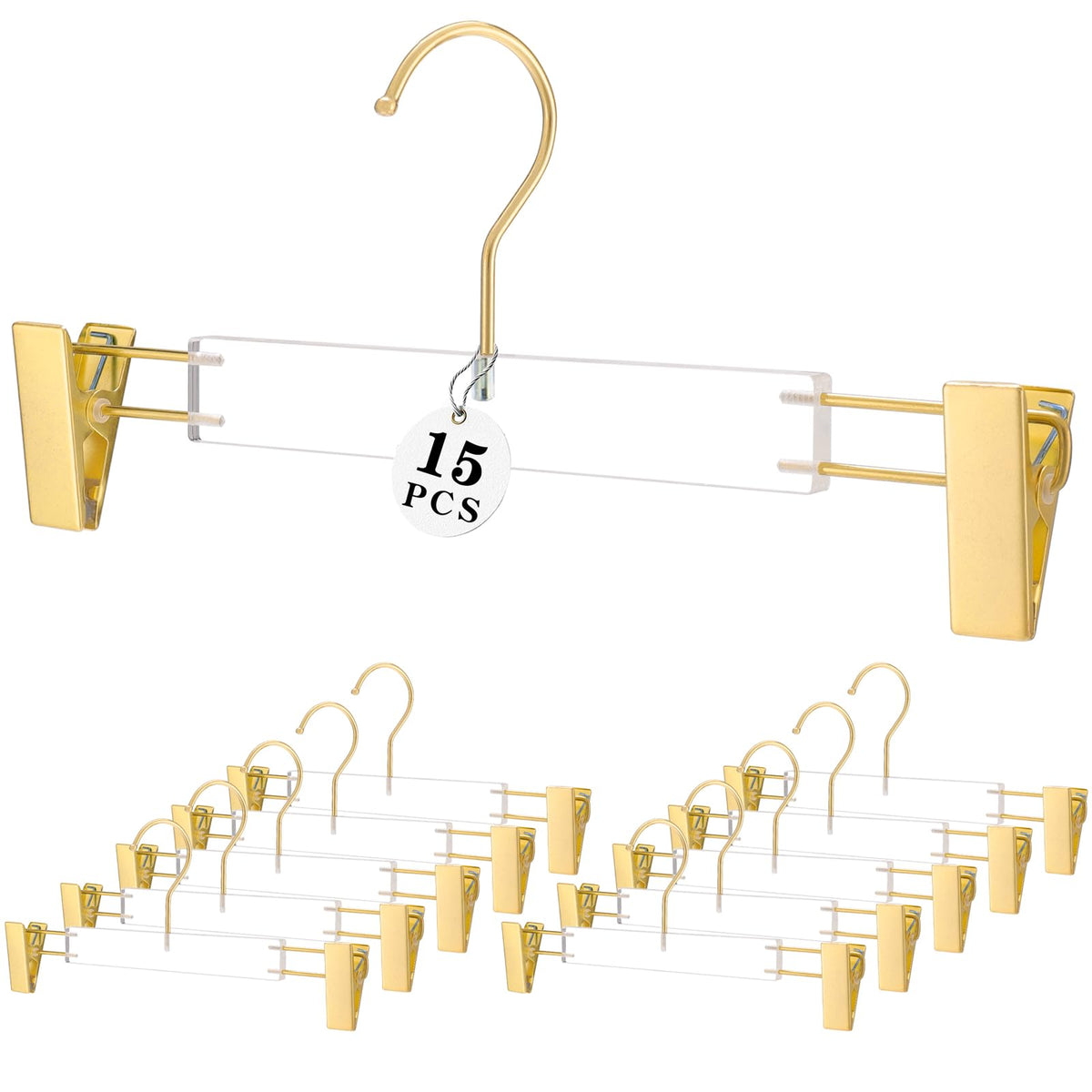Besser 15 Pack Gold Clear Hangers,Acrylic Clothes Hangers,Skirt Dress Hanger With Gold Clips,Pants Hangers For Closet Storage