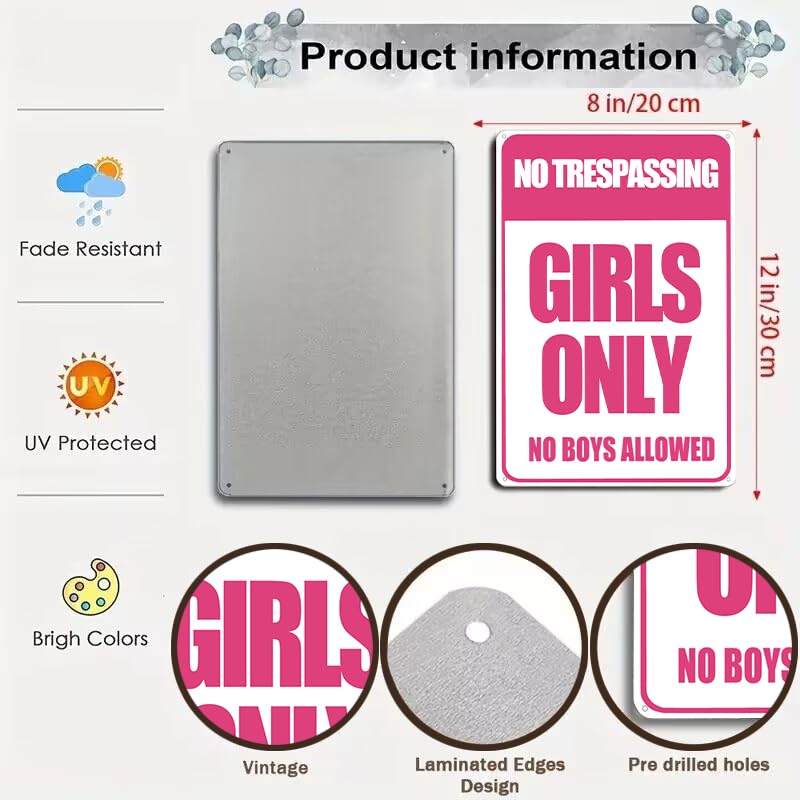 Smilelife Girls Gifts Funny Only Sign No Trespassing No Boys Allowed Tin Sign for Room Bedroom Dorm Wall Decor 8 X 12 Inch (3010