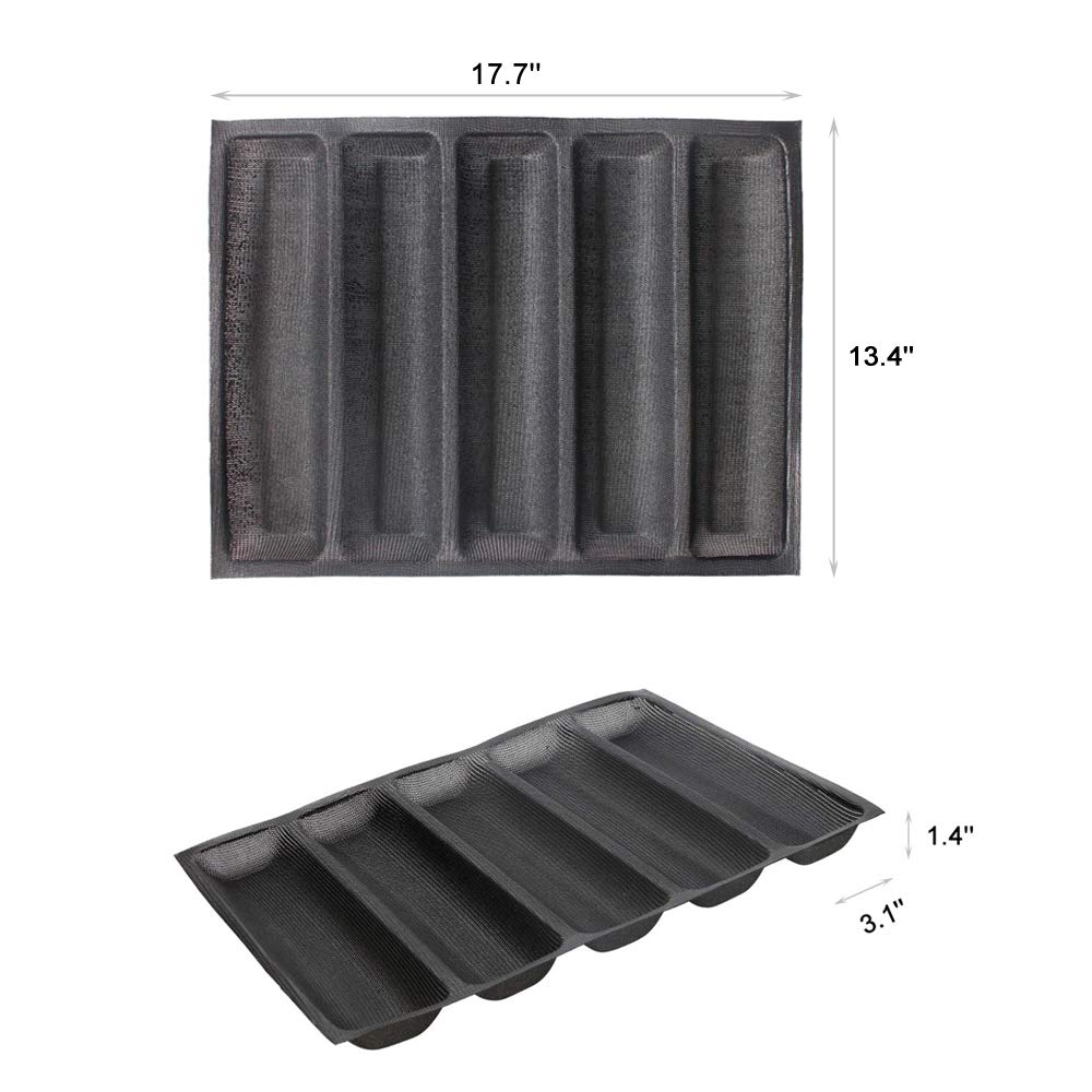 Fetesur Silicone Perforated Baking Forms Sandwich Mold French Baguette Bread Pan Food Mat 5 Loaf Non-Stick Baking Liners