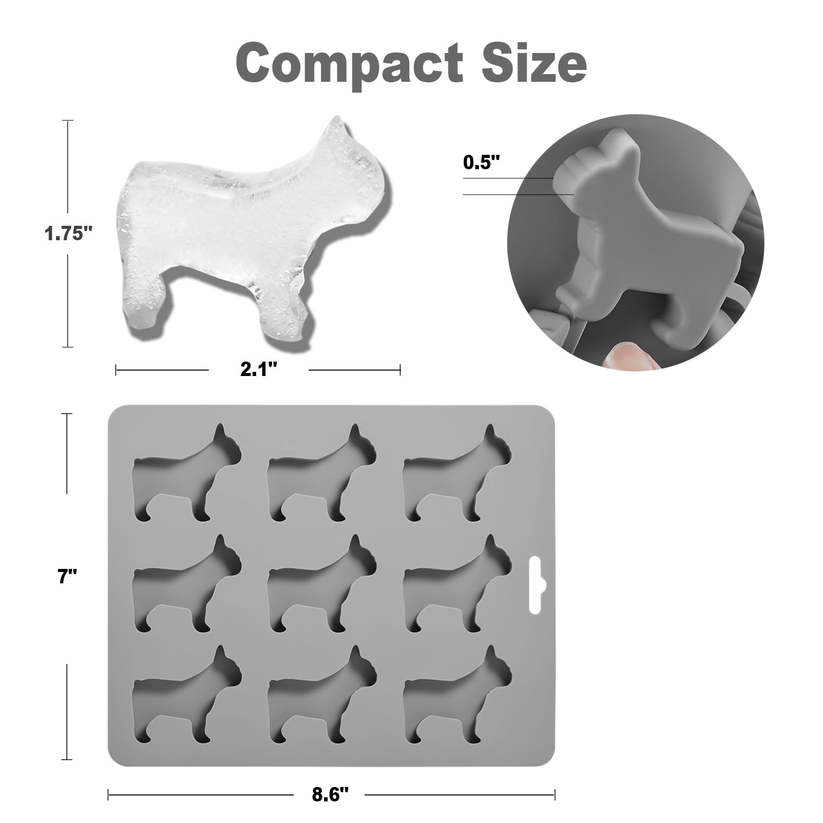 ACOOKEE French Bulldog Ice Cube Tray, Silicone Gray Mold for Fun Ice Cubes, BPA Free & Heat Resistant