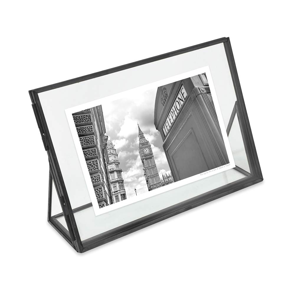 Isaac Jacobs 4x6, Black, Vintage Style Brass and Glass, Floating Photo Frame, Metal, (Horizontal), with Locket Closure and Angle